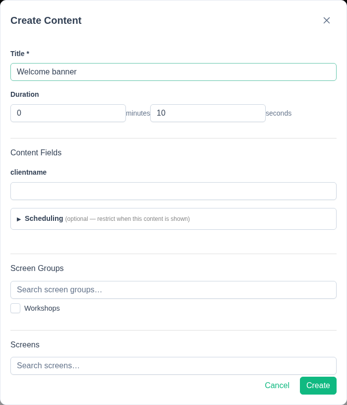 Content creation dialog with a content type's fields, duration, scheduling, and screen/group assignment